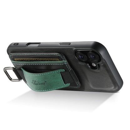 For iPhone 17 Suteni H13 Card Wallet Wrist Strap Holder PU Phone Case(Black) by Suteni
