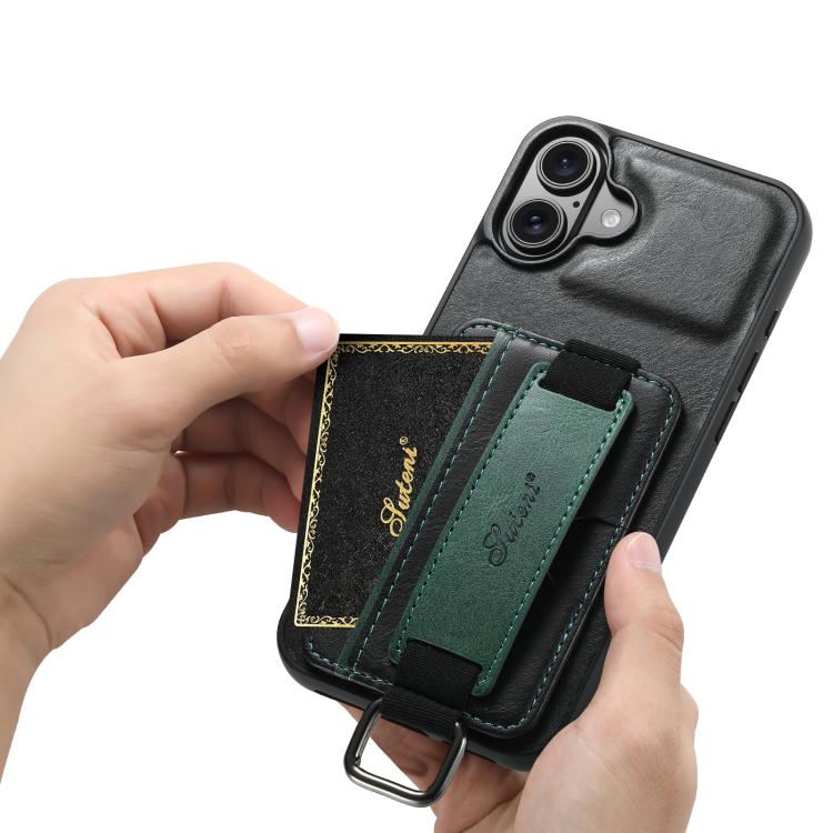 For iPhone 17 Suteni H13 Card Wallet Wrist Strap Holder PU Phone Case(Black) by Suteni