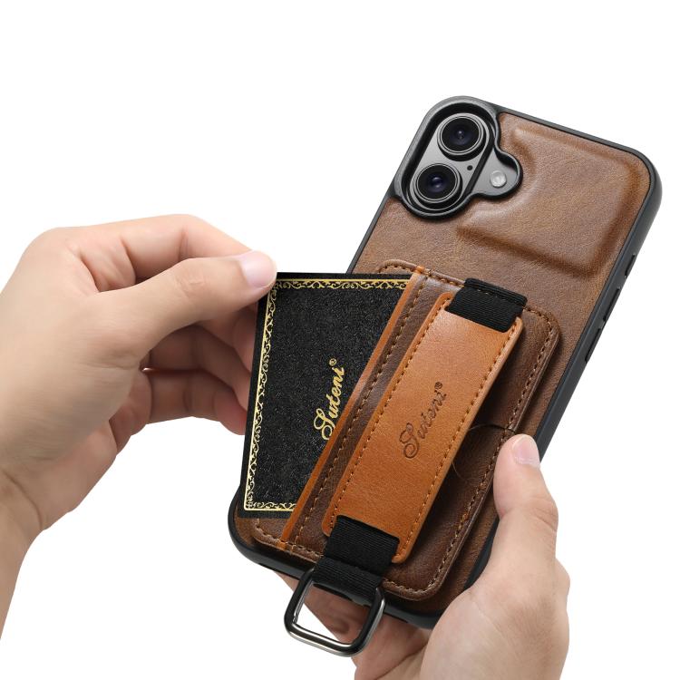 For iPhone 17 Suteni H13 Card Wallet Wrist Strap Holder PU Phone Case(Brown) by Suteni