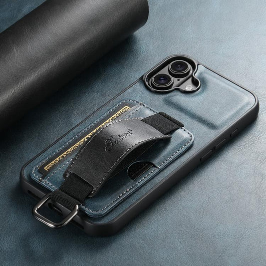 For iPhone 17 Suteni H13 Card Wallet Wrist Strap Holder PU Phone Case(Blue) by Suteni