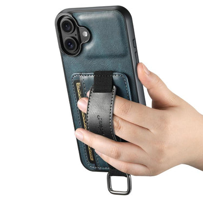 For iPhone 17 Suteni H13 Card Wallet Wrist Strap Holder PU Phone Case(Blue) by Suteni