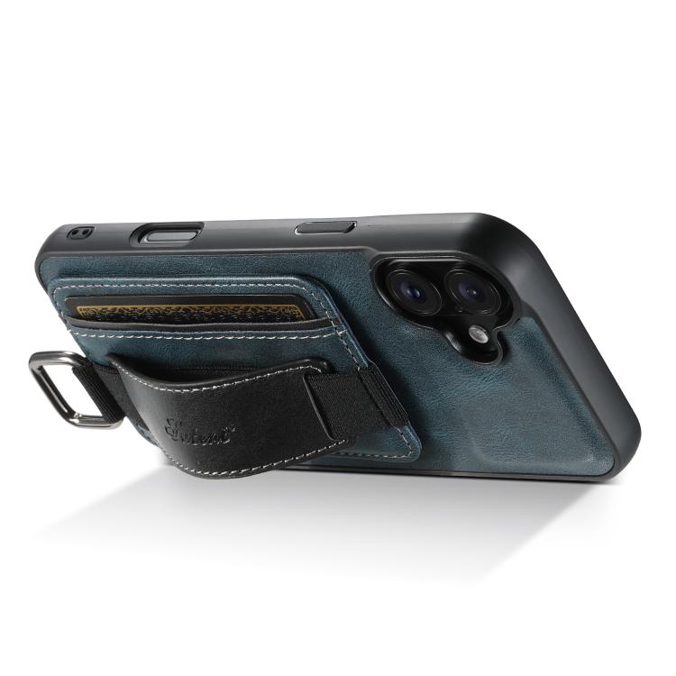 For iPhone 17 Suteni H13 Card Wallet Wrist Strap Holder PU Phone Case(Blue) by Suteni
