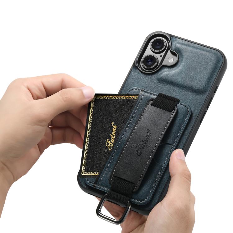 For iPhone 17 Suteni H13 Card Wallet Wrist Strap Holder PU Phone Case(Blue) by Suteni