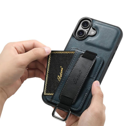 For iPhone 17 Suteni H13 Card Wallet Wrist Strap Holder PU Phone Case(Blue) by Suteni