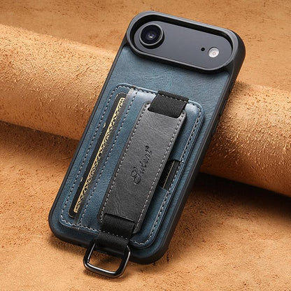 For iPhone Air Suteni H13 Card Wallet Wrist Strap Holder PU Phone Case(Blue) by Suteni