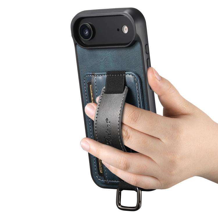 For iPhone Air Suteni H13 Card Wallet Wrist Strap Holder PU Phone Case(Blue) by Suteni