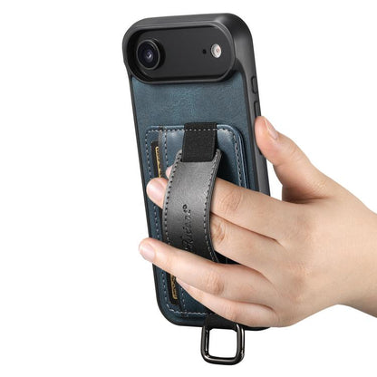 For iPhone Air Suteni H13 Card Wallet Wrist Strap Holder PU Phone Case(Blue) by Suteni