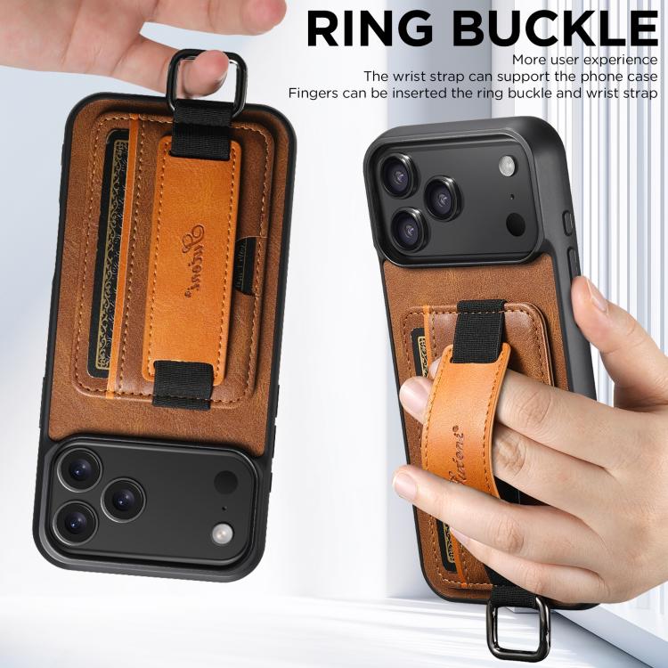 For iPhone 17 Pro Suteni H13 Card Wallet Wrist Strap Holder PU Phone Case(Brown) by Suteni