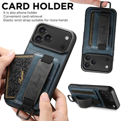 For iPhone 17 Pro Suteni H13 Card Wallet Wrist Strap Holder PU Phone Case(Blue) by Suteni