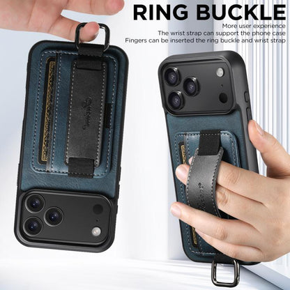 For iPhone 17 Pro Suteni H13 Card Wallet Wrist Strap Holder PU Phone Case(Blue) by Suteni