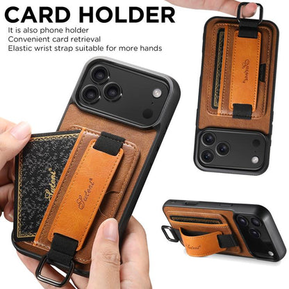 For iPhone 17 Pro Max Suteni H13 Card Wallet Wrist Strap Holder PU Phone Case(Brown) by Suteni