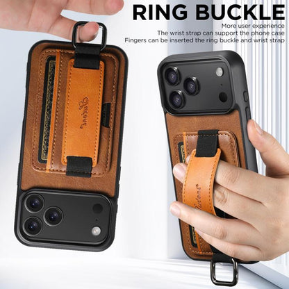 For iPhone 17 Pro Max Suteni H13 Card Wallet Wrist Strap Holder PU Phone Case(Brown) by Suteni