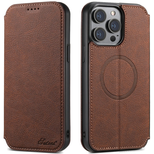 For iPhone 15 Pro Max Suteni J06 Retro Matte Litchi Texture Leather MagSafe Phone Case(Brown) by Suteni