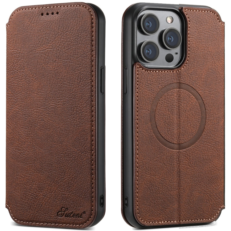 For iPhone 15 Pro Suteni J06 Retro Matte Litchi Texture Leather MagSafe Phone Case(Brown) by Suteni