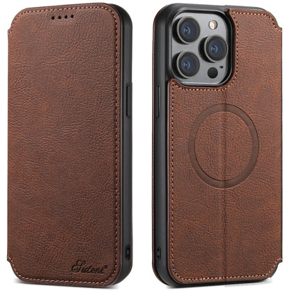 For iPhone 15 Pro Suteni J06 Retro Matte Litchi Texture Leather MagSafe Phone Case(Brown) by Suteni