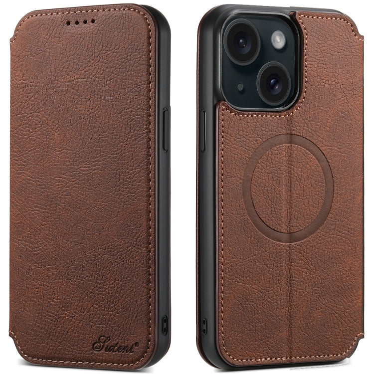 For iPhone 15 Suteni J06 Retro Matte Litchi Texture Leather MagSafe Phone Case(Brown) by Suteni