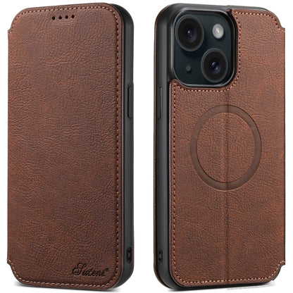 For iPhone 15 Suteni J06 Retro Matte Litchi Texture Leather MagSafe Phone Case(Brown) by Suteni