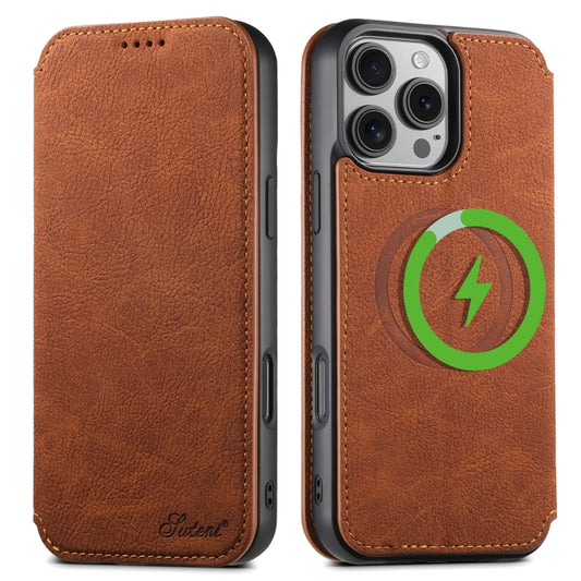 For iPhone 16 Pro Max Suteni J06 Retro Matte Litchi Texture Leather MagSafe Phone Case(Khaki) by Suteni