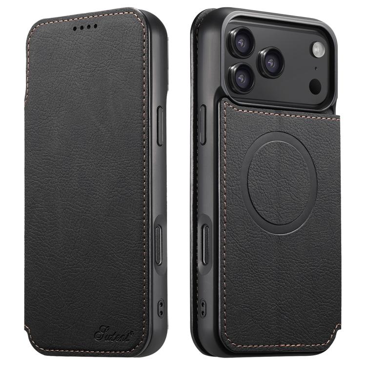 For iPhone 17 Pro Max Suteni J06 Retro Matte Litchi Texture Leather MagSafe Phone Case(Black) by Suteni