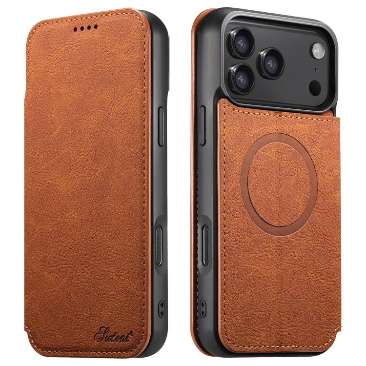 For iPhone 17 Pro Max Suteni J06 Retro Matte Litchi Texture Leather MagSafe Phone Case(Khaki) by Suteni