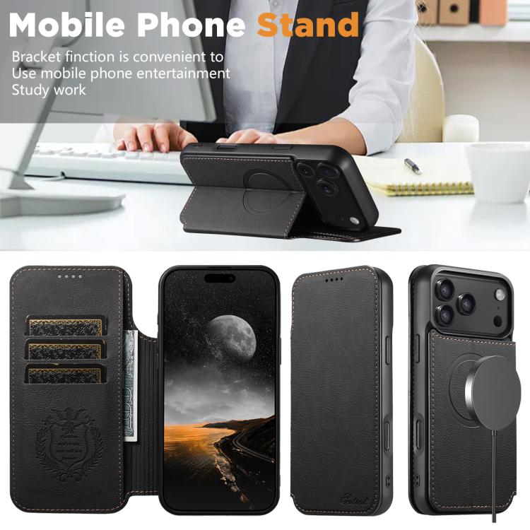 For iPhone 17 Suteni J06 Retro Matte Litchi Texture Leather MagSafe Phone Case(Black) by Suteni