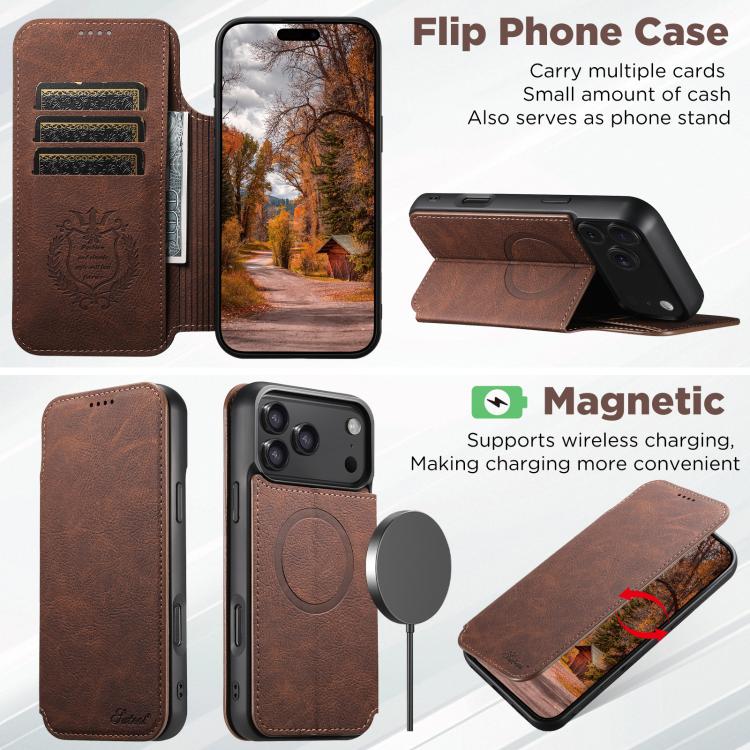 For iPhone 17 Suteni J06 Retro Matte Litchi Texture Leather MagSafe Phone Case(Brown) by Suteni