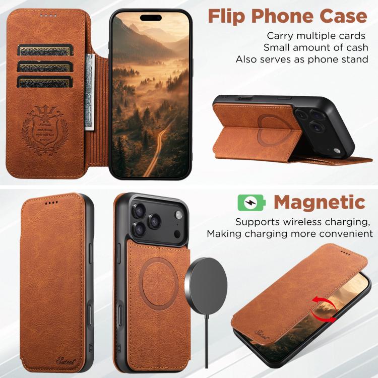 For iPhone 17 Suteni J06 Retro Matte Litchi Texture Leather MagSafe Phone Case(Khaki) by Suteni