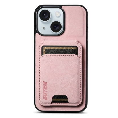 For iPhone 15 Plus Suteni H02 Litchi Leather Card Wallet Stand Back Phone Case(Pink) by Suteni