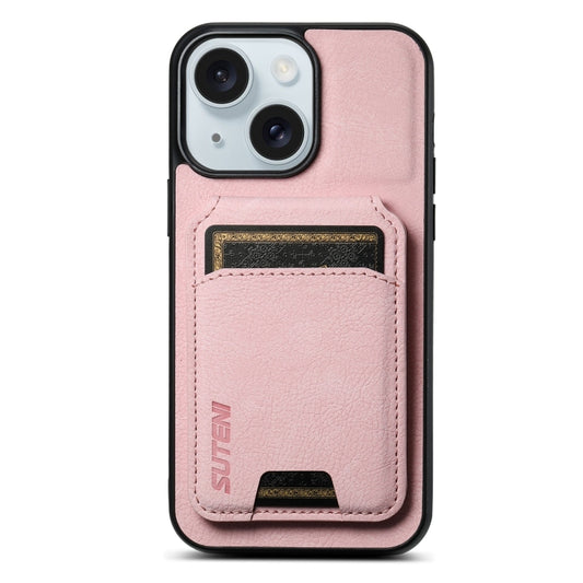For iPhone 15 Suteni H02 Litchi Leather Card Wallet Stand Back Phone Case(Pink) by Suteni