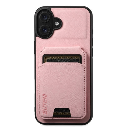 For iPhone 16 Plus Suteni H02 Litchi Leather Card Wallet Stand Back Phone Case(Pink) by Suteni