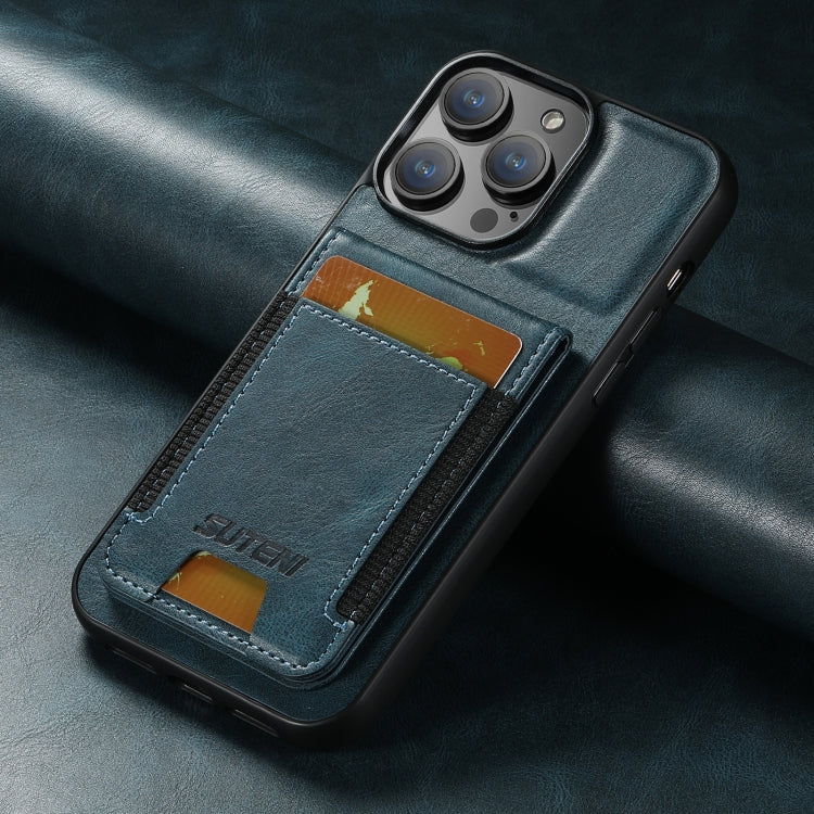 For iPhone 15 Pro Max Suteni H03 Oil Wax Leather Wallet Stand Back Phone Case(Blue) by Suteni