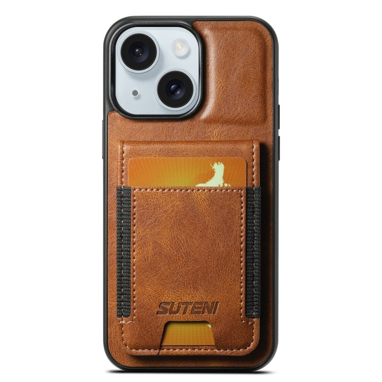 For iPhone 15 Plus Suteni H03 Oil Wax Leather Wallet Stand Back Phone Case(Brown) by Suteni