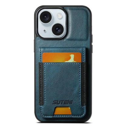 For iPhone 15 Plus Suteni H03 Oil Wax Leather Wallet Stand Back Phone Case(Blue) by Suteni