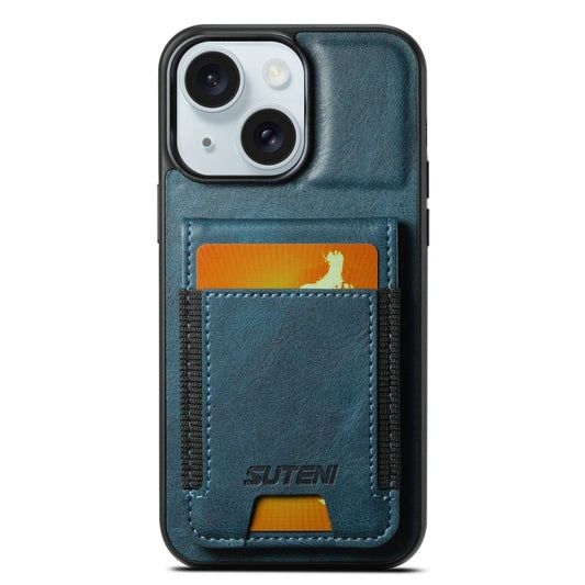 For iPhone 15 Plus Suteni H03 Oil Wax Leather Wallet Stand Back Phone Case(Blue) by Suteni