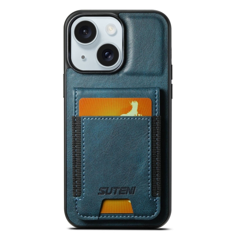 For iPhone 15 Suteni H03 Oil Wax Leather Wallet Stand Back Phone Case(Blue) by Suteni
