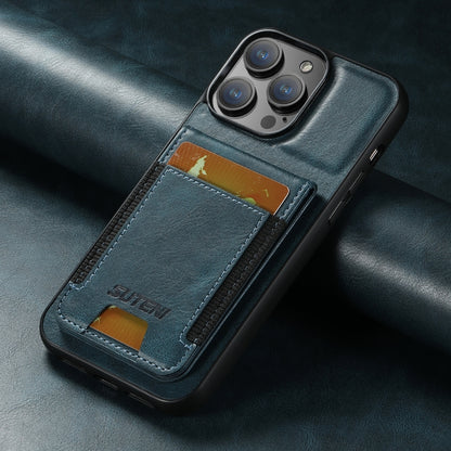For iPhone 14 Pro Max Suteni H03 Oil Wax Leather Wallet Stand Back Phone Case(Blue) by Suteni