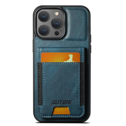 For iPhone 14 Pro Max Suteni H03 Oil Wax Leather Wallet Stand Back Phone Case(Blue) by Suteni