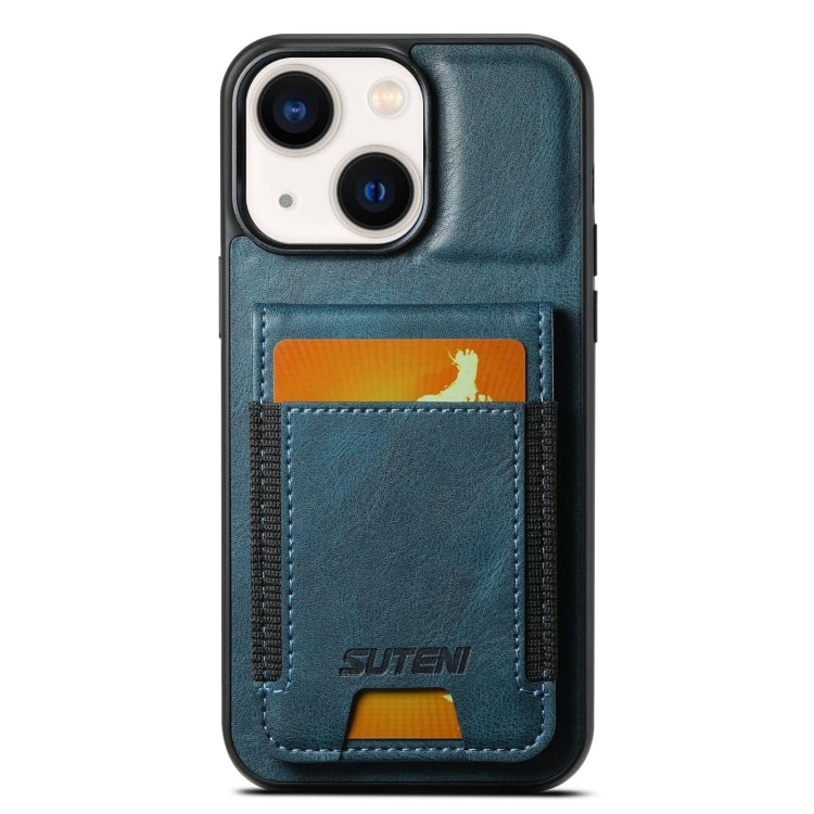 For iPhone 13 Suteni H03 Oil Wax Leather Wallet Stand Back Phone Case(Blue) by Suteni