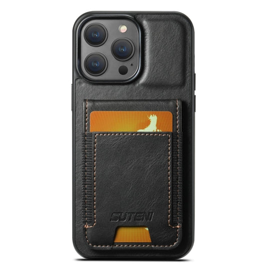 For iPhone 12 Pro Max Suteni H03 Oil Wax Leather Wallet Stand Back Phone Case(Black) by Suteni