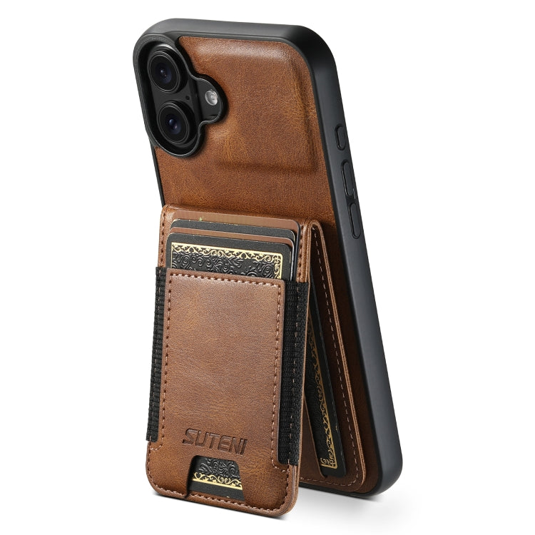 For iPhone 16 Suteni H03 Oil Wax Leather Wallet Stand Back Phone Case(Brown) by Suteni
