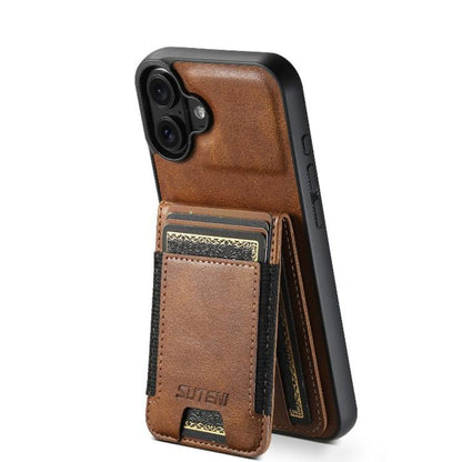 For iPhone 17 Suteni H03 Oil Wax Leather Wallet Stand Back Phone Case(Brown) by Suteni