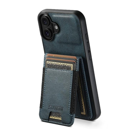 For iPhone 17 Suteni H03 Oil Wax Leather Wallet Stand Back Phone Case(Blue) by Suteni