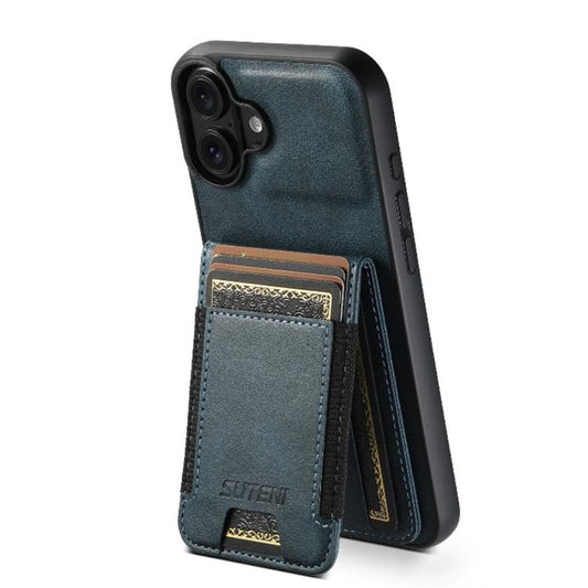 For iPhone 17 Suteni H03 Oil Wax Leather Wallet Stand Back Phone Case(Blue) by Suteni