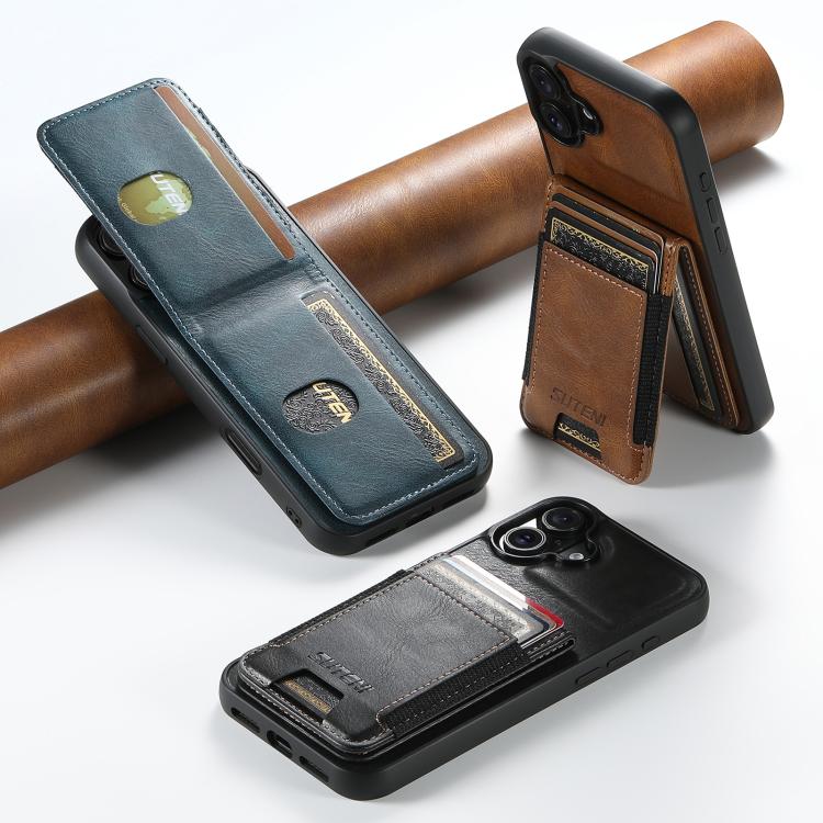For iPhone 14 Suteni H03 Oil Wax Leather Wallet Stand Back Phone Case(Brown) by Suteni
