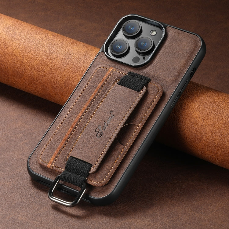 For iPhone 15 Pro Suteni H13 Litchi Leather Wrist Strap Wallet Back Phone Case(Brown) by Suteni