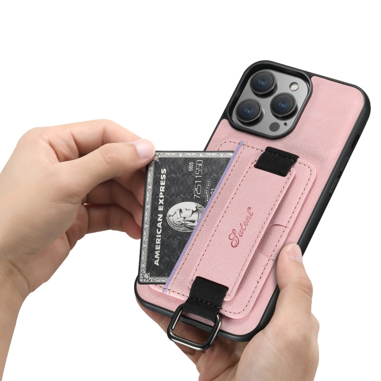 For iPhone 15 Pro Suteni H13 Litchi Leather Wrist Strap Wallet Back Phone Case(Pink) by Suteni