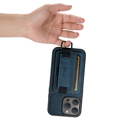 For iPhone 15 Plus Suteni H13 Litchi Leather Wrist Strap Wallet Back Phone Case(Blue) by Suteni