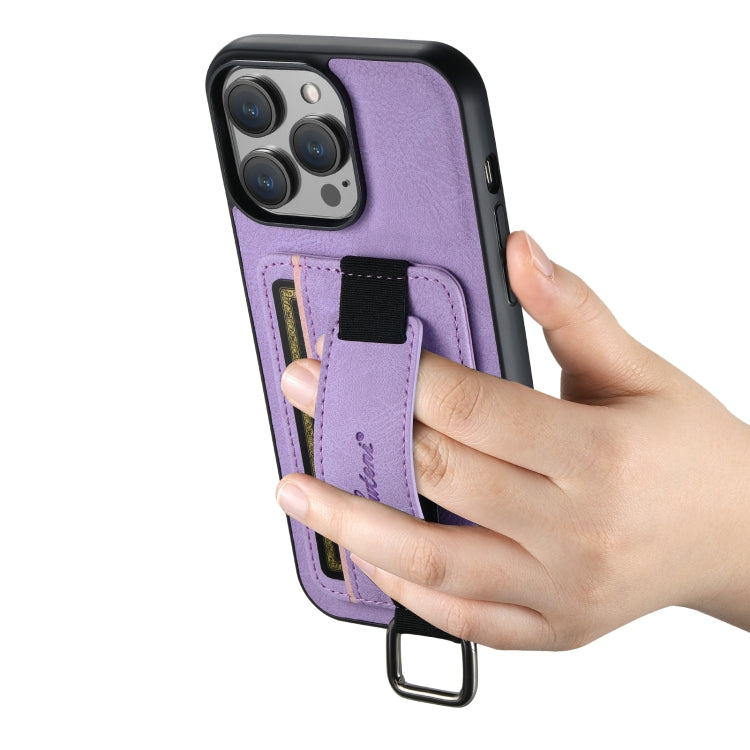 For iPhone 15 Suteni H13 Litchi Leather Wrist Strap Wallet Back Phone Case(Purple) by Suteni