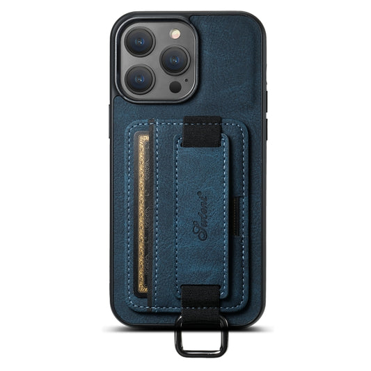 For iPhone 14 Suteni H13 Litchi Leather Wrist Strap Wallet Back Phone Case(Blue) by Suteni