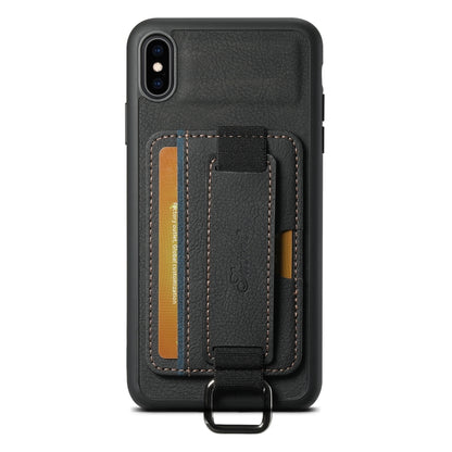 For iPhone X / XS Suteni H13 Litchi Leather Wrist Strap Wallet Back Phone Case(Black) by Suteni